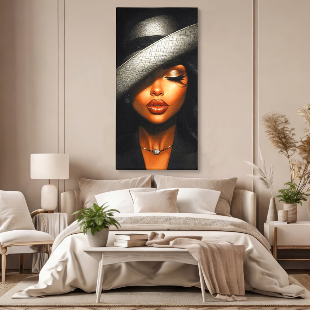 Tablou canvas cu tablou canvas cu femeie si palarie, fara rama, pe sasiu de lemn, pe perete intr-un dormitor
